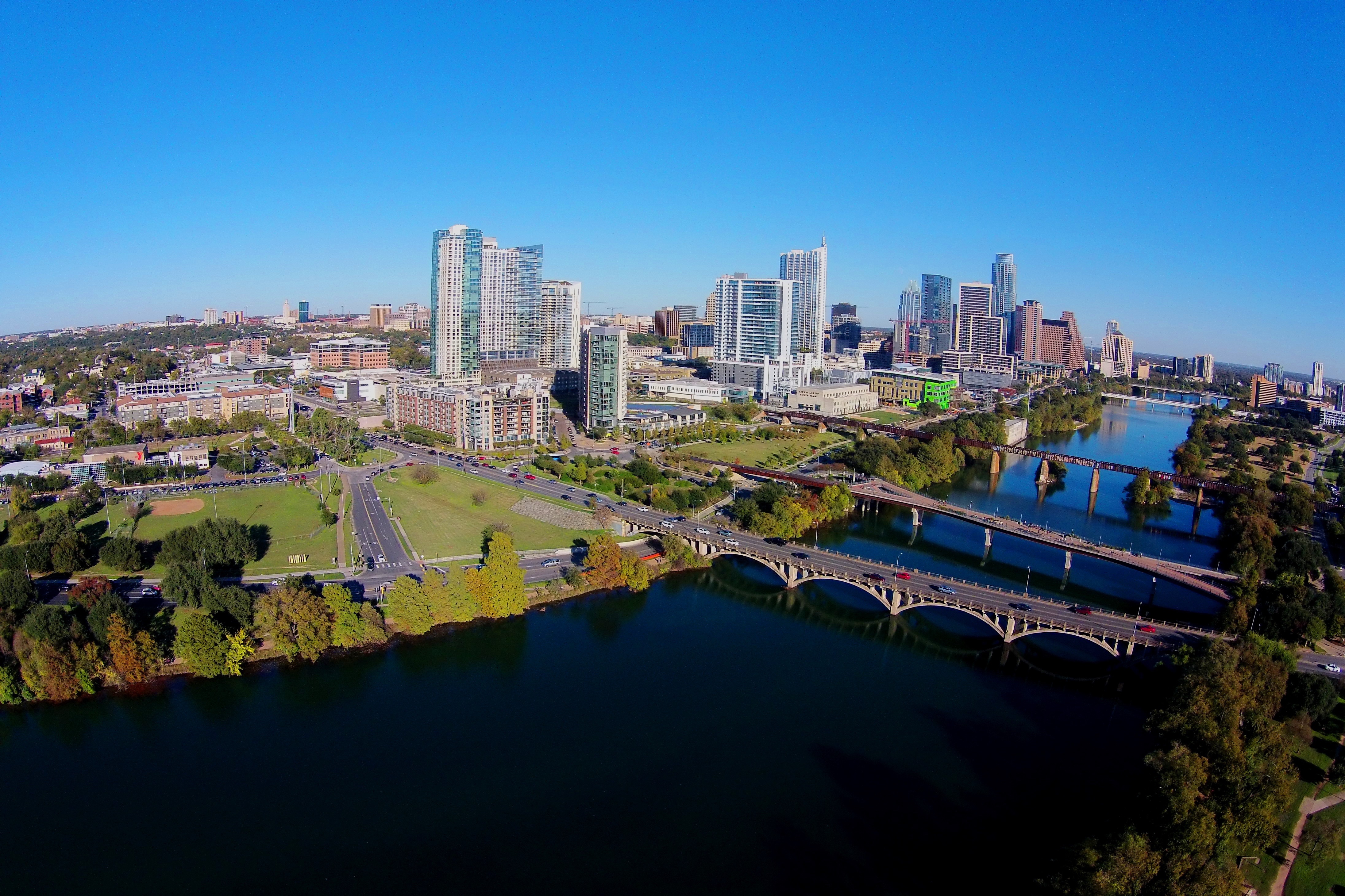 Austin, Texas skyline from above Lady Bird Lake